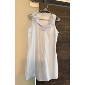 Mudpie seersucker dress in light blue.